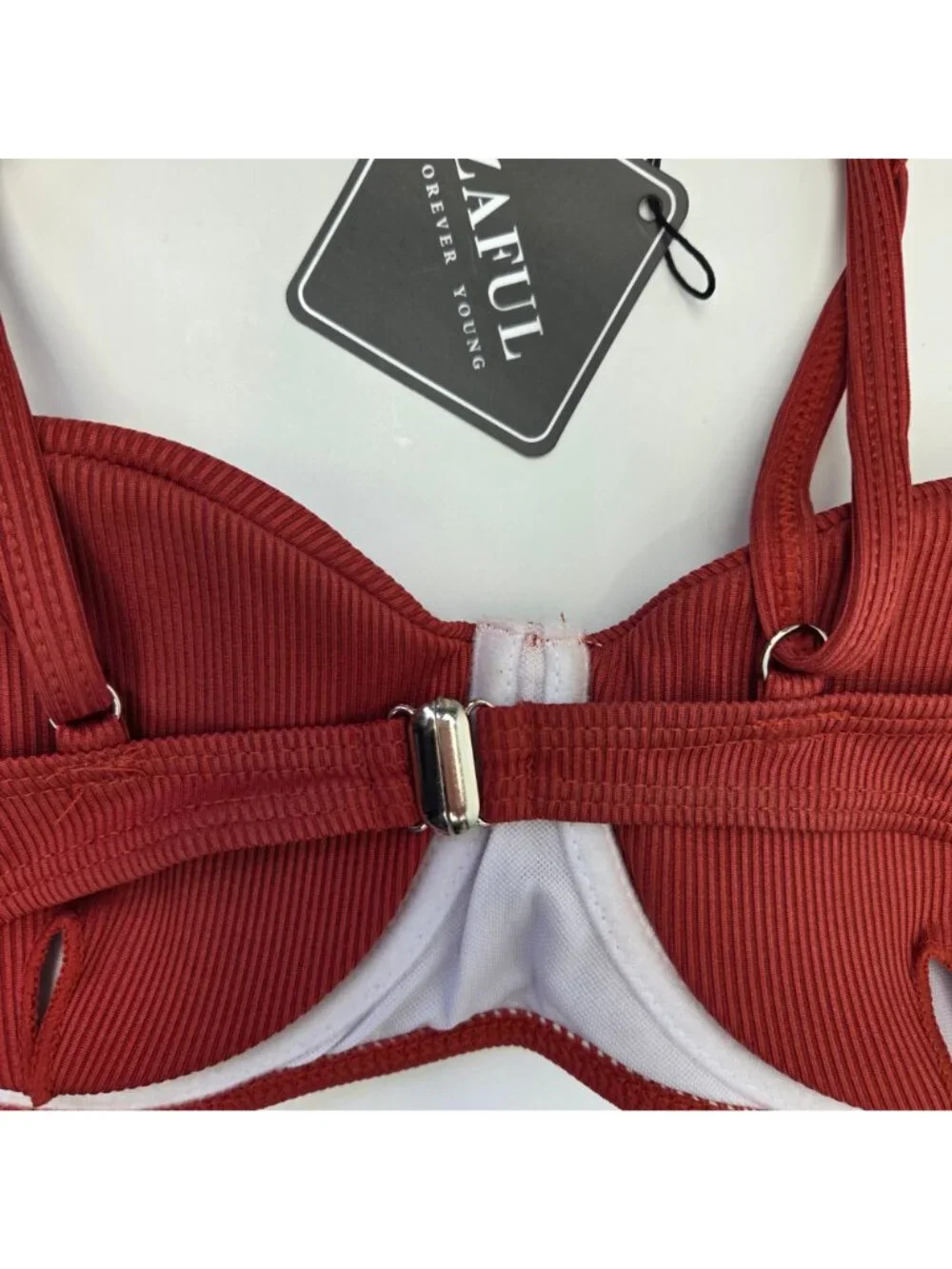 Zaful Ribbed Bikini Set W/ Ruffled Straps & High-Leg Bottoms Cranberry Size M - Picture 6 of 15